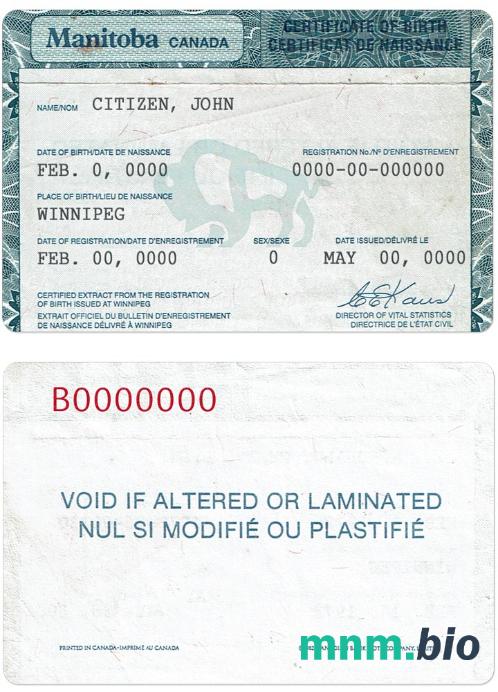 Canada Manitoba province narodziny certyfikat